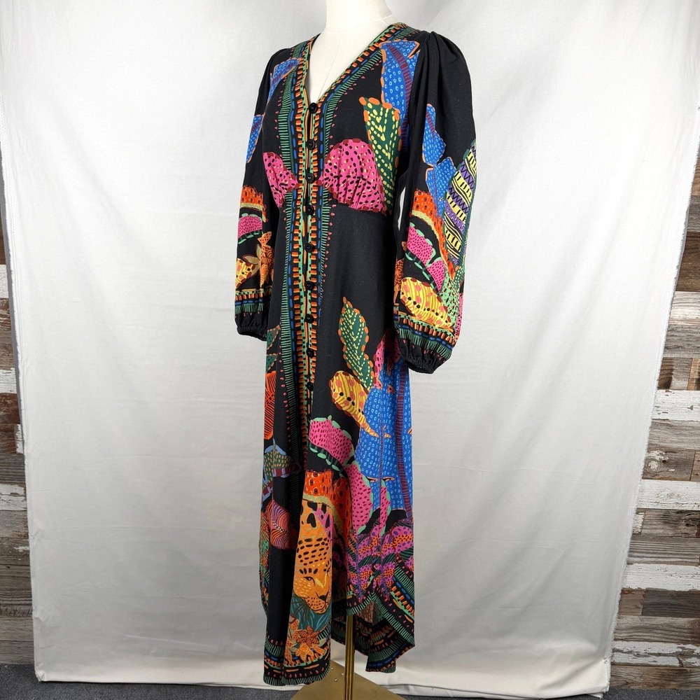 NWOT Farm Rio Black Cool Leopards Maxi Dress Linen Blend Size M Boho Maximalist - Picture 4 of 12